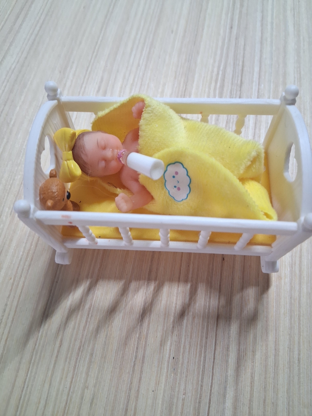 My Mini Baby Doll in Yellow Blanket with Crib and Bottle
